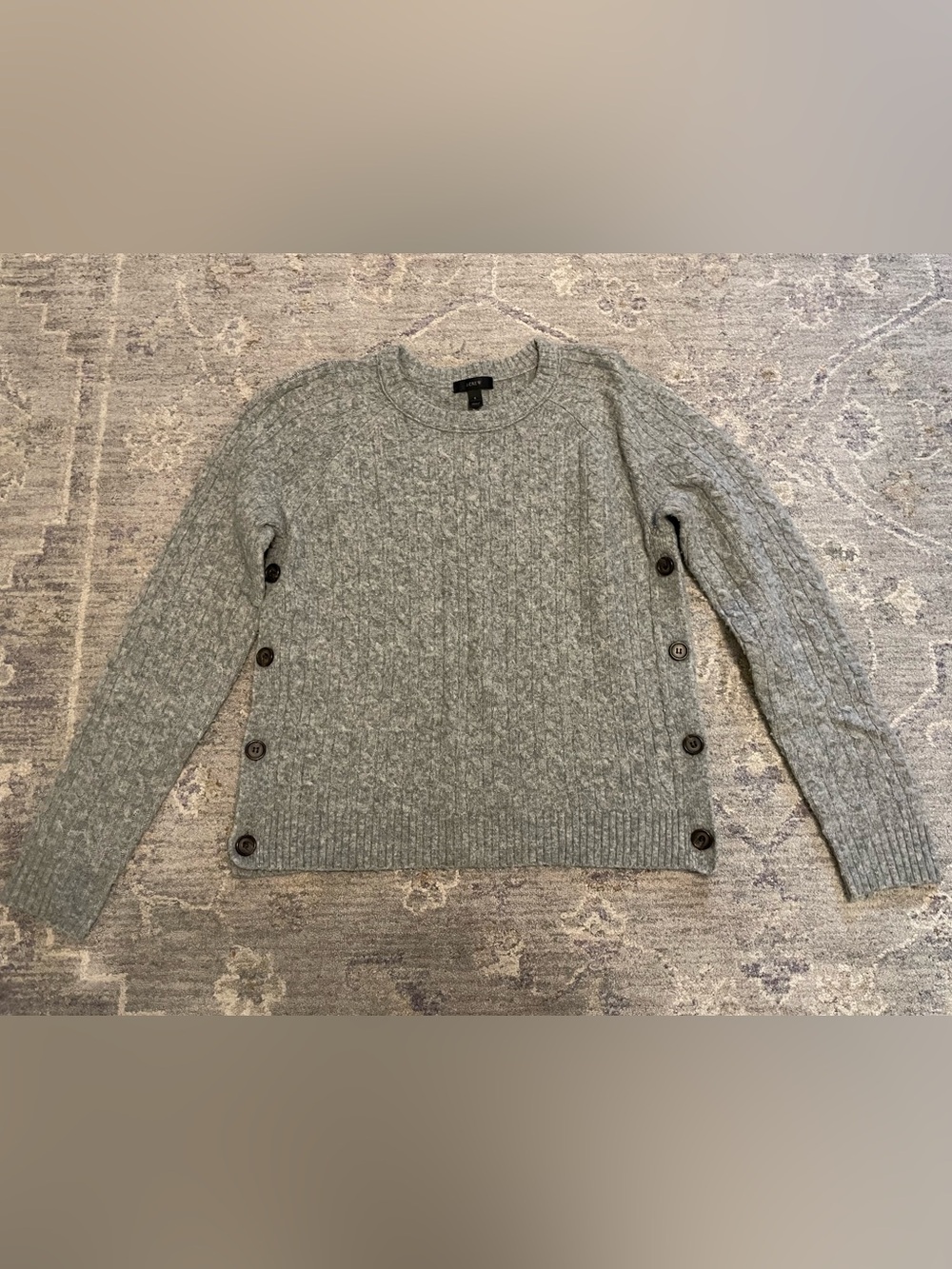 J. Crew Gray Cable-Knit Crewneck Sweater with Side Buttons